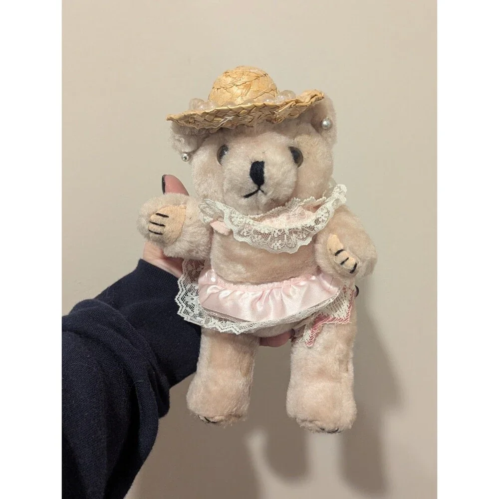 Vintage Plush Jointed Country Bear Straw Hat Lace Pearls 9
